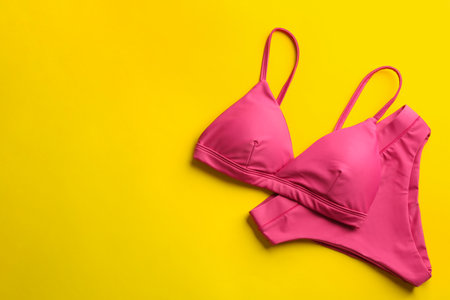 Beautiful pink bikini on yellow background, top view. Space for textの写真素材