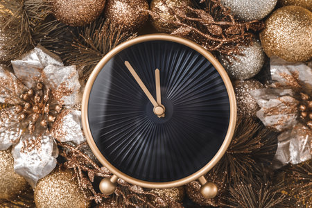 Alarm clock on golden decoration, top view. New Year count down