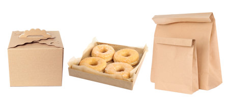 Collage of cardboard containers on white background. food deliveryの写真素材