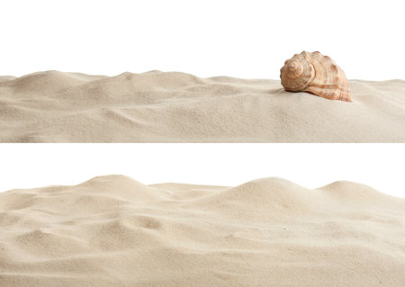 Heaps of dry beach sand on white backgroundの写真素材
