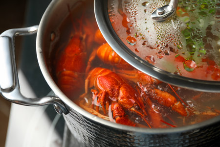 Fresh delicious crayfishes in boiling water, closeupの写真素材