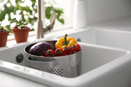 Colander pot with fresh vegetables in kitchen sinkの写真素材