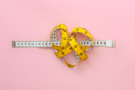 Measuring tape on pink background, top viewの写真素材
