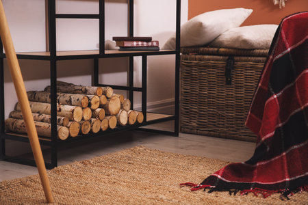 Shelving unit with firewood and books in room interior inspired by autumn colorsの写真素材