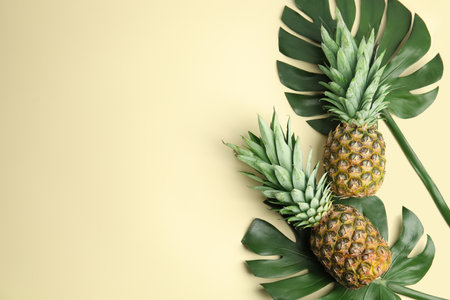 Fresh ripe juicy pineapples on beige background, flat lay. Space for textの写真素材