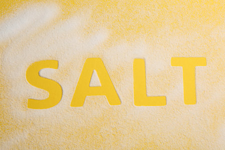 Word SALT on yellow background, top viewの写真素材