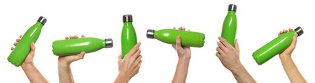 People holding green thermo bottles, collage of photos on white background. banner designの写真素材