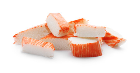 Pieces of crab sticks isolated on whiteの写真素材