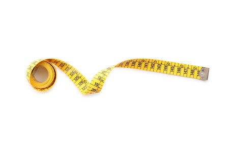 Long yellow measuring tape isolated on white, top view
