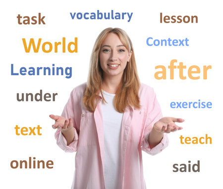 Young woman talking on white background with different words in Englishの写真素材