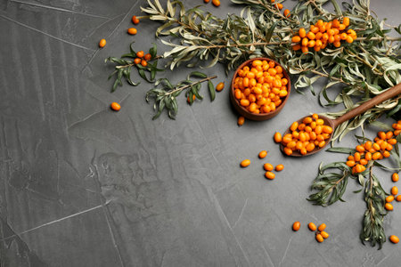 Fresh ripe sea buckthorn on gray table, flat lay. Space for textの写真素材
