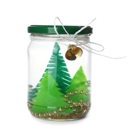 Handmade Christmas snow globe isolated on whiteの写真素材