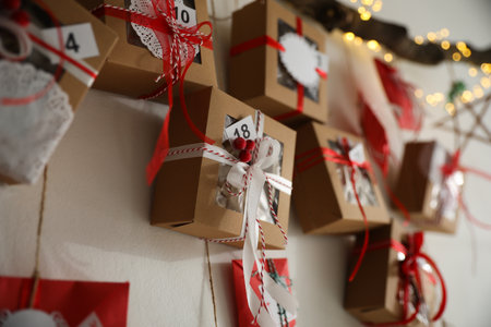 Handmade Advent calendar with gifts indoors, closeup. christmas seasonの写真素材