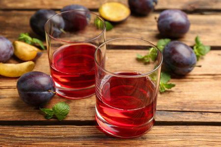 Delicious plum liquor, mint and ripe fruits on wooden table. homemade strong alcoholic beverageの写真素材