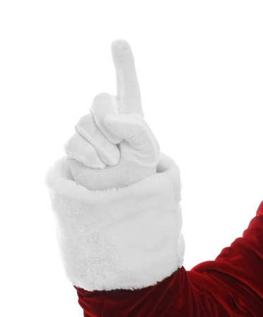 Santa Claus pointing at something on white background, closeup of handの写真素材
