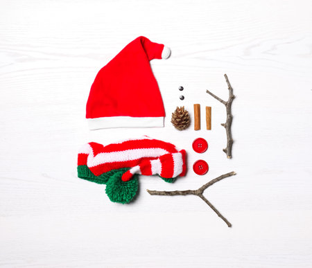 Set of elements for snowman on white wooden background, flat layの写真素材