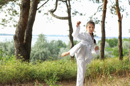 Cute little girl in kimono practicing karate outdoorsの写真素材