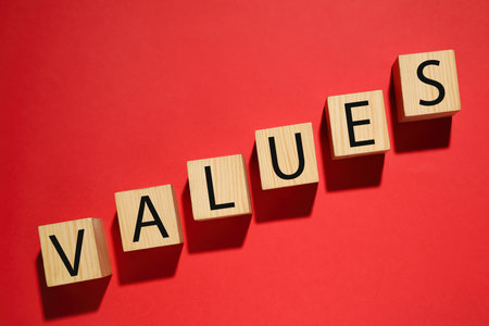 Wooden cubes with word VALUES on red background, flat lay