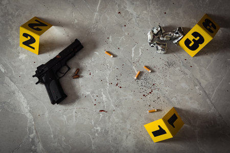Evidences and crime scene markers on light grey marble background, flat lay
