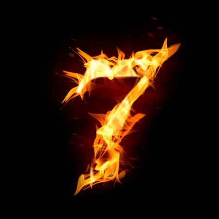 Flaming 7 on black background. Stylized number designの写真素材