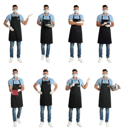 Collage with photos of waiter wearing medical mask on white background. Protective measures during  outbreakの写真素材