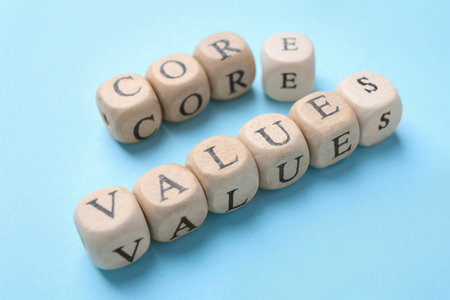 Beads with phrase CORE VALUES on light blue backgroundの写真素材