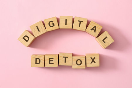 Wooden cubes with phrase DIGITAL DETOX on pink background, flat layの写真素材