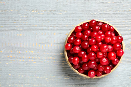 Tasty ripe cranberries on grey wooden table, top view. Space for textの写真素材