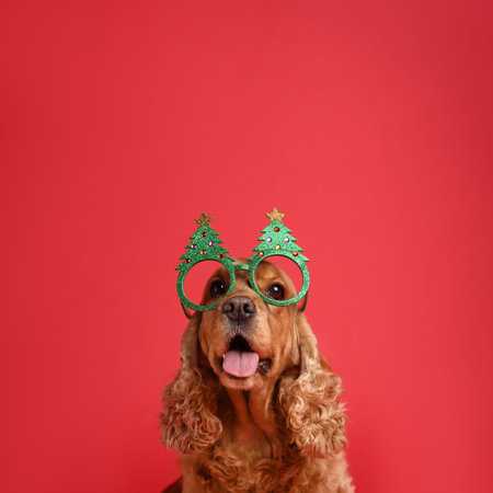 Adorable Cocker Spaniel dog in party glasses on red background, space for textの写真素材