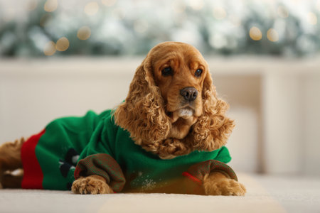 Adorable Cocker Spaniel in Christmas sweater on blurred backgroundの写真素材