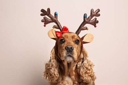 Adorable Cocker Spaniel dog in reindeer headband on light backgroundの写真素材
