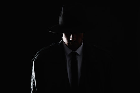 Old fashioned detective in hat on dark background