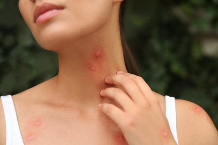 Woman scratching neck with insect bites outdoors, closeupの写真素材