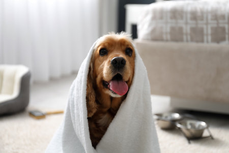 Cute English Cocker Spaniel wrapped in towel indoors. Pet friendly hotelの写真素材