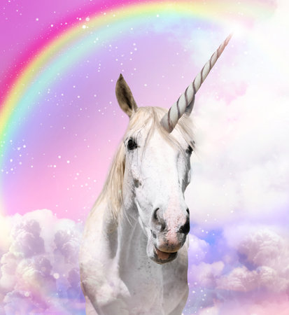 Magic unicorn in beautiful sky with rainbow and fluffy clouds. fantasy world