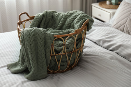 Knitted green plaid in wicker basket on bed indoorsの写真素材
