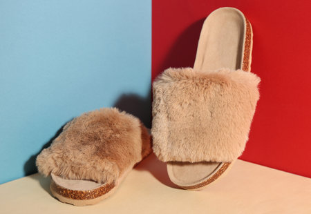 Pair of soft slippers on color backgroundの写真素材