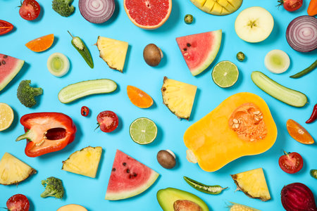 Flat lay composition with fresh organic fruits and vegetables on light blue backgroundの写真素材