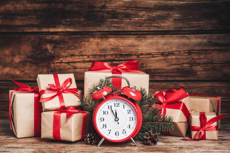 Christmas gifts, fir branches and alarm clock on wooden table. boxing day