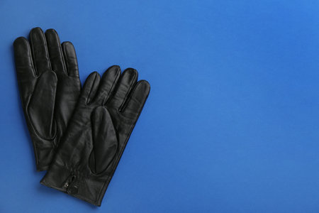 Pair of stylish leather gloves on blue background, flat lay. Space for textの写真素材