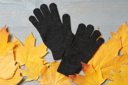 Stylish black woolen gloves and dry leaves on gray wooden table, flat lay