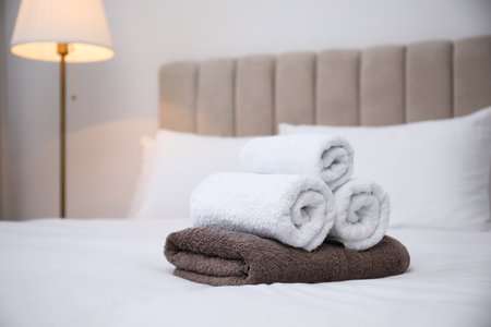 Soft clean towels on white bed indoors. Space for textの写真素材
