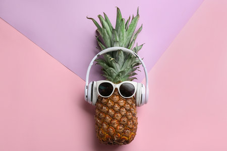 Pineapple with headphones and sunglasses on color background, top view. creative conceptの写真素材