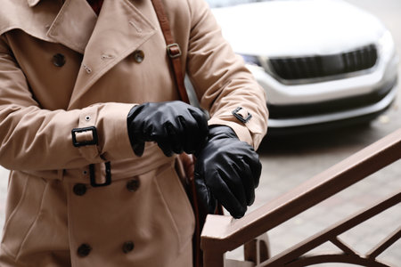 Stylish man putting on black leather gloves outdoors, closeupの写真素材