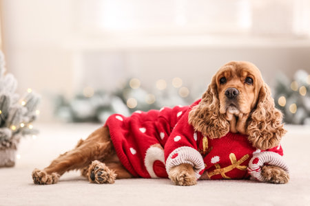 Adorable Cocker Spaniel in Christmas sweater on blurred backgroundの写真素材