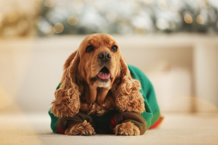 Adorable Cocker Spaniel in Christmas sweater on blurred backgroundの写真素材