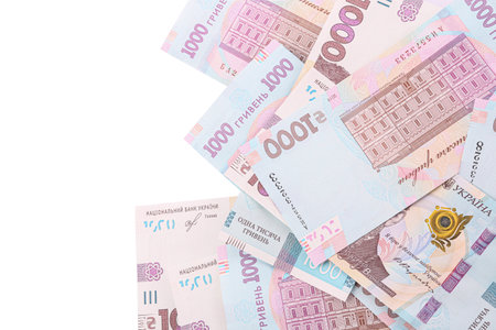 1000 Ukrainian Hryvnia banknotes on white background, top view