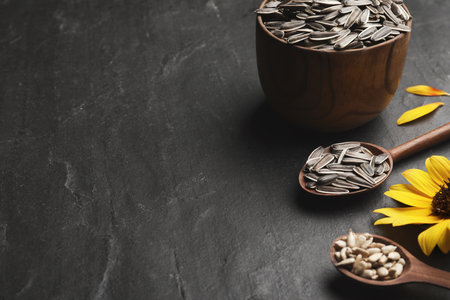 Raw sunflower seeds and flower on black table. Space for textの写真素材