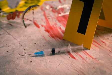Syringe in blood and crime scene marker on marble table, closeupの写真素材