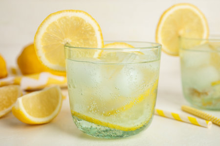 Soda water with lemon slices and ice cubes on white tableの写真素材